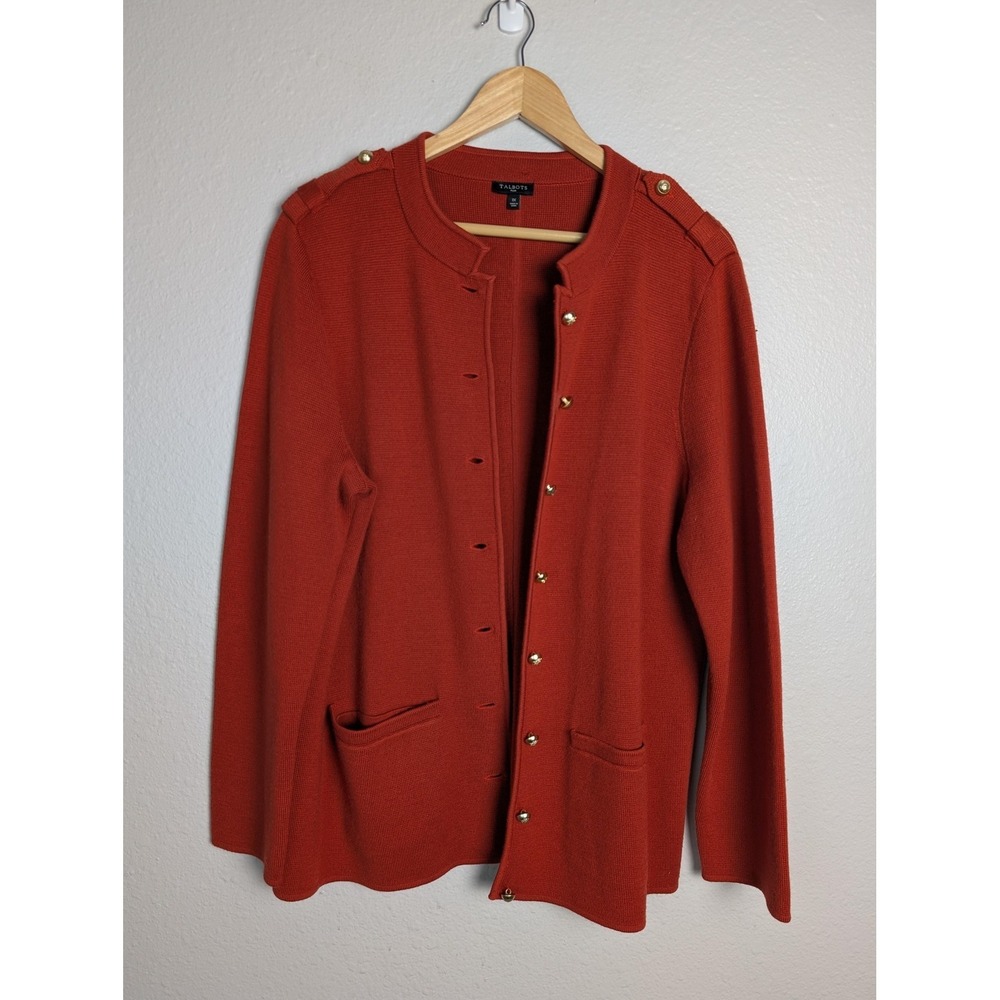 Talbots Cardigan Womens 1X Orange Collarless Crew Neck Pockets Lightweight
